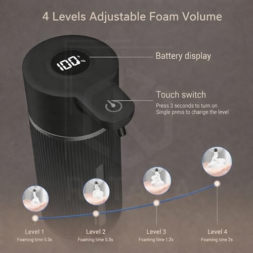 Image of 450ML Automatic Touchless Foam Dispenser, Rechargeable Sensor Foaming Dispenser with Digital Display, 4-Speed Adjustable Foam Control, Electric Auto Dispenser for Bathroom & Kitchen (Black)