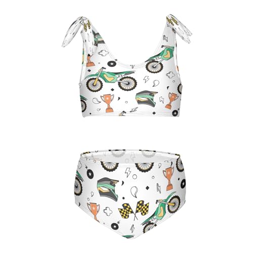 QUGRL Cartoon Motocross Girls Tankini Swimsuit Check Flag 2 Piece Bathing Suits for Girls Bikini Adjustable Straps for Swimming Size 5-6T Multicoloured