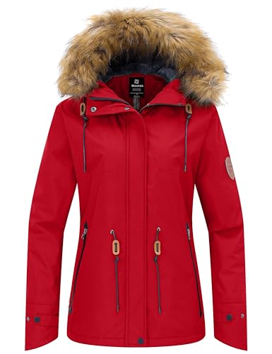 wantdo Women's Windproof Snowboarding Jacket Hooded Fleece Winter Ski Coat Red XL