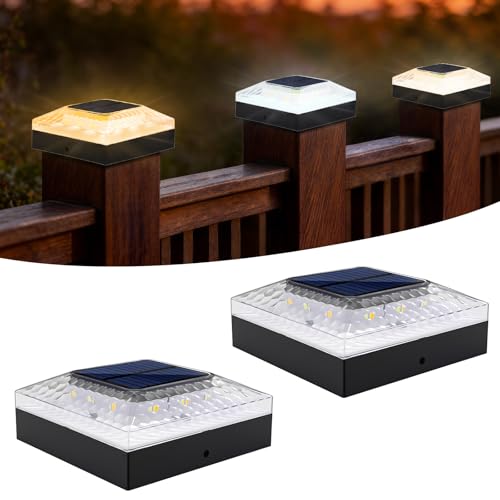 ROMANJOY 4x4 Post Solar Lights, 3 Colors Fence Light Solar Powered, 2 Brightness Solar Post Cap Lights Waterproof for 4×4/3.5×3.5 Wood/Vinyl Posts, Garden, Patio, Deck, 2 Pack