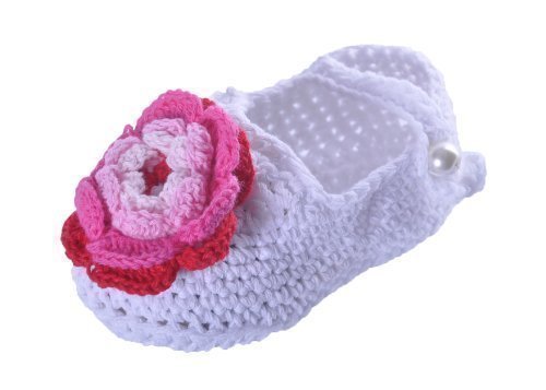 Hand Crocheted Baby Girl's Shoes, Large Crocheted Flower - White - 0-6 Months