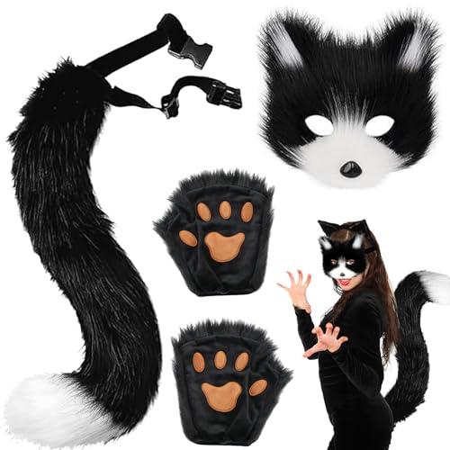 AUNGCSHE Mascara Disfraz Cosplay de Gato, Orejas de Gato Accesorios Guantes de Garra de Felpa Orejas Collar Cola de Gato para Halloween Fiesta Cosplay adecuado para Damas Niñas(Blanco y Negro)