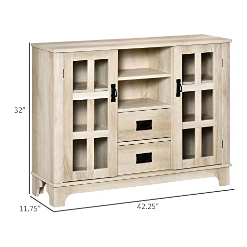 Homcom Sideboard Buffet Cabinet, Glass Door Kitchen Cabinet, Coffee Bar Cabinet With Storage Drawers & Adjustable Shelves For Living Room, White Oak #TOP2