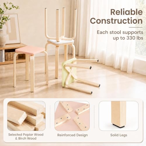 Image of COSTWAY 18-Inch Stackable Wooden School Stools Set of 4, Assorted Color | Portable Backless School Chairs with Square Top, Anti-Slip Felt Mats, Stacking Stools for Classroom, Dining Room, Kitchen