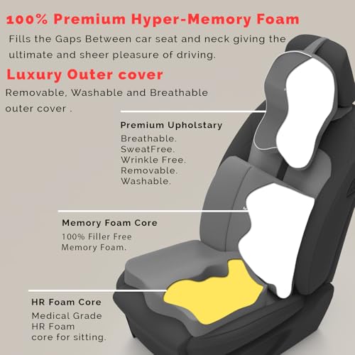 Image of MRRON Memory Foam Car Seat Cushion Combo - Backrest, Coccyx Cushion & Neckrest - Orthopedic Support for Back, Tailbone, Sciatica & Neck Pain - Ergonomic Comfort for Car, Office. (Grey, Lumbar)