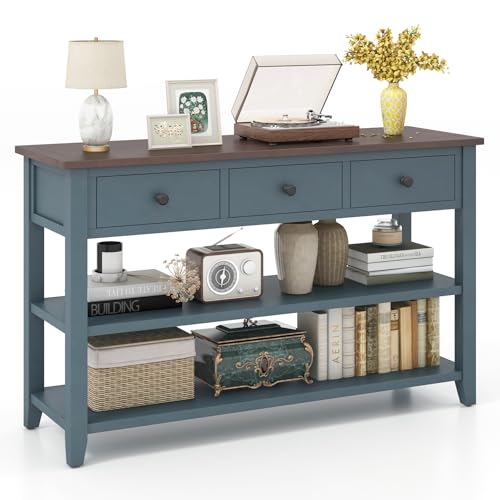 Giantex 50' Farmhouse Entryway Table, Narrow Console Table w/ 3 Storage Drawers & 2 Open Shelves, Wooden Behind Couch Side Long Sofa Table for Living Room, Hallway, Entrance, Blue & Espresso