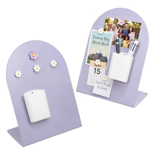 BAODBF Tableau mémo magnétique en forme de L - 28 x 20 cm - En métal - Avec porte-stylo et fleurs - Organiseur de bureau pour bureau, maison et école - Tableau d'affichage décoratif - Violet
