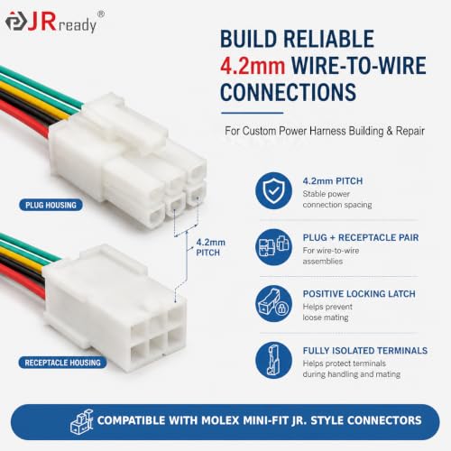 Image of JRready ST6490 Mini-Fit Jr. Dual Row 2 4 6 8 Pin Connector kit, w /Terminal Pin 18-24 AWG, Molex Extraction Tool, Compatible with Molex Mini-Fit Jr. Connector,4.2mm Pitch, 445 Pcs