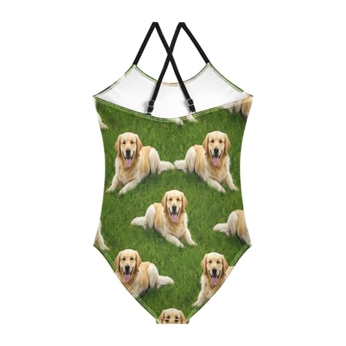 Dogs Lying Green Grass Girls' Athletic Swimwear, Summer Beach Bathing Suit, 3-102