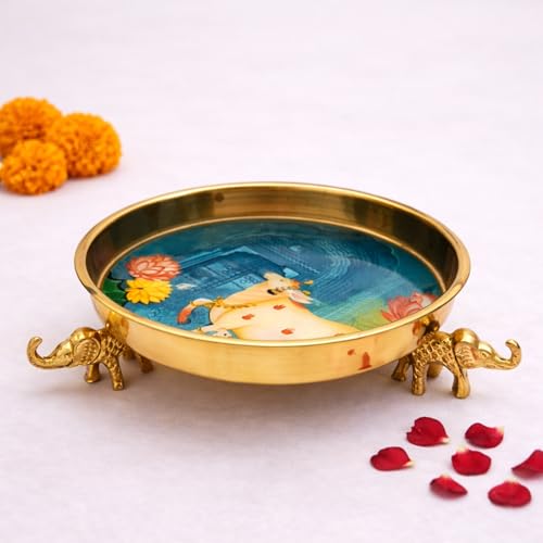 Image of Pichwai Art Kamadhenu Urli Bowl with Elephant Base | 10-Inch Decorative Metal Urli for Floating Flowers, Diya & Candle | Brass Finish Home Decor for Diwali, Pooja, & Table Centerpiece
