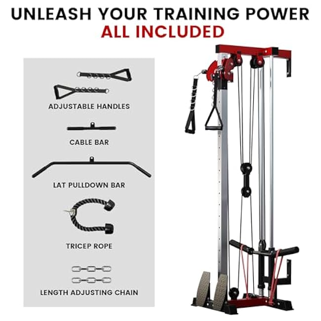 Wall Mounted Cable Station, Multi-Functional Upper Body Weight Machine, LAT Pulldown with Dual Pulley System, Home Gym Equipment with 5 Essential Accessories