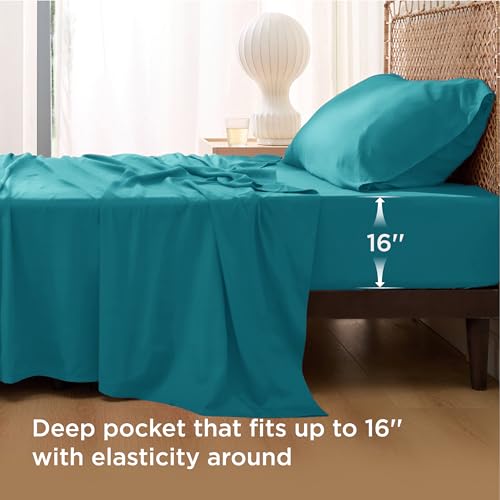 Image of Bedsure Cooling Sheets Twin, Rayon Derived from Bamboo, PureWoven, Breathable & Soft Twin Sheets Set, Deep Pocket Up to 16 Inches, Hotel Luxury Silky Bedding for Hot Sleepers, Turquoise