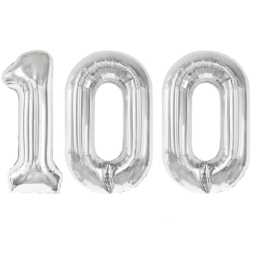 Image of Silver Number 100 Balloon 40 inch, 100 Number Balloons, 100th Silver Birthday Decorations, 100 Year Old Women Men Party Supplies