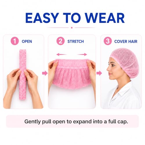 Image of Disposable Bouffant Caps, 21inches Hair Net, Elastic Dust Cap for Food Service, Kitchen Head Cover (Pink)