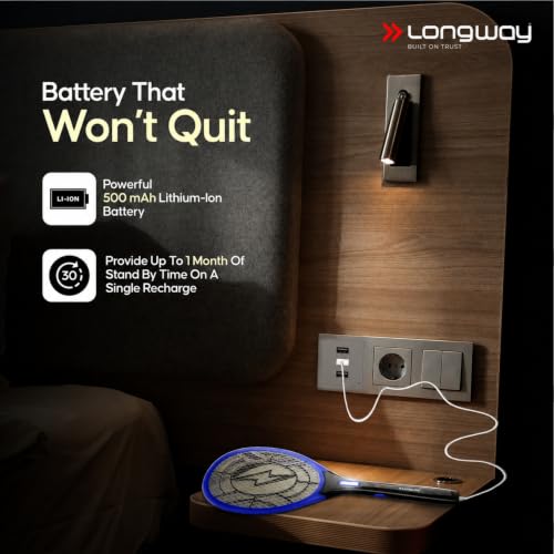 Image of Longway Zappy Rechargeable Mosquito Killer Racket Built in COB Light | 3500V DC Voltage on The Net Mesh| Mosquito Bat | 1 Month Stand by 500mah Long Lasting Internal Battery (Blue)