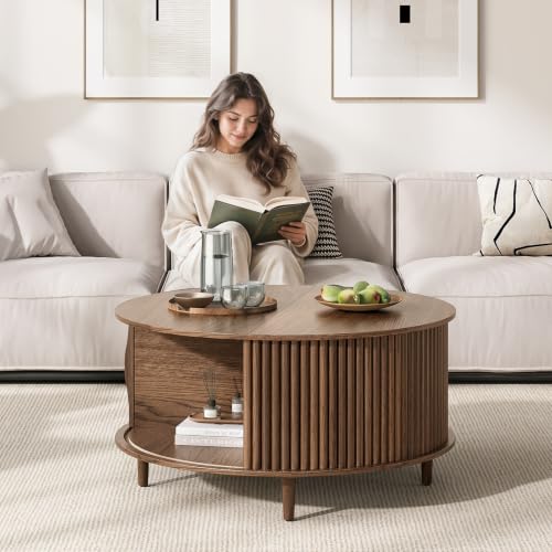 Image of JOINICE 31.5 inch Round Coffee Table with Storage for Living Room, Walnut | Hidden Storage,Fluted Sliding Door,Mid Century Furniture for Small Apartments,Solid Wood Legs,Easy Assembly,Up to 110 lbs