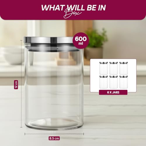 Image of amazon basics Glass Jars for Kitchen, Set of 6, 600ml Borosilicate Glass Containers with Airtight Stainless Steel Lids, Kitchen Storage Jars for Tea, Coffee, Sugar, Spices & Dry Fruits