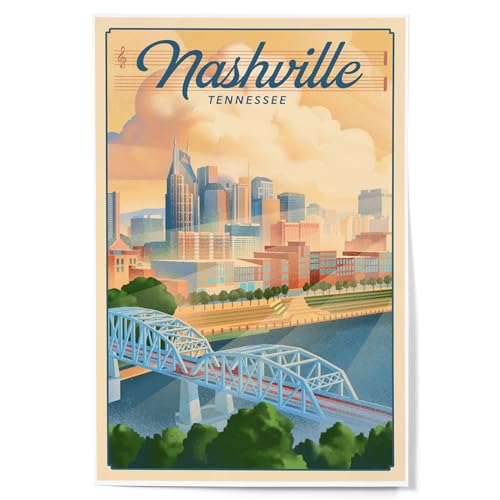 Lantern Press 12x18 Inch Art Print Wall Decor, Nashville, Tennessee, Lithograph City Series