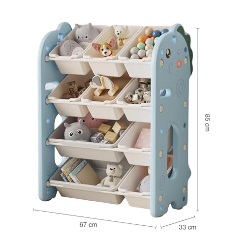 Image of oddpod Dino Kids Toy Organizer Storage Racks with Bins, Cute Cartoon Montessori Plastic Bookshelf for Children & Bedroom Shelf for Baby Hardline Toys, Books, Clothes & Games - Blue (8+2 Bins)