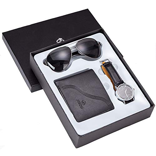 Moshbu Herren Geschenkset Uhr + Brieftasche + Sonnenbrille Kreatives Set mit Box, Herren Geschenkbox Hellbraun, Perfektes Wintergeschenk für Herren (3 Stück) Cover