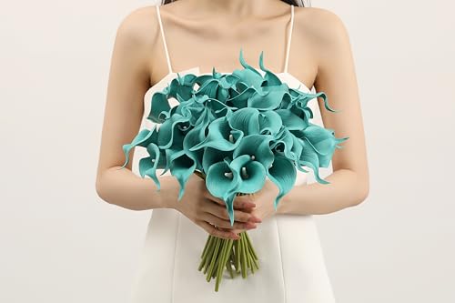 Image of SITUMEIZI 24 Pcs Teal Fake Flowers Artificial Calla Lily