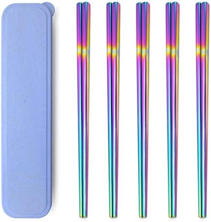 5 Pairs Rainbow 304 Stainless Steel Chopsticks - Polished Multicolor Reusable, Dishwasher-Safe, Non-Slip Metal Square Set With Case - Kitchen Dinner Present Gift