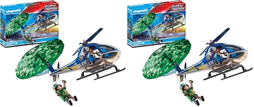 PLAYMOBIL City Action 70569 Helicóptero de la policía, persecución en paracaídas, para niños de 4 a 10 años (Paquete de 2)