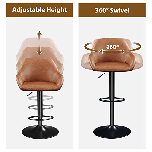 Yaheetech Set of 4 Adjustable PU Leather Bar Stools with Backrest and Footrest, Retro Brown
