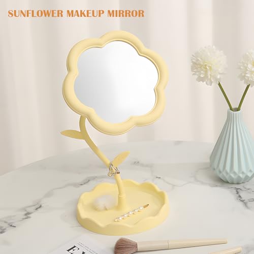 MHWL Sunflower Makeup Vanity Mirror with Storage Tray - 360° Adjustable HD Mirror, Cute Dressing Table Mirror for Kids & Teens, Perfect Aesthetic & Preppy Room Decor -Yellow by MHWL - Used condition - Image 2