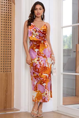 Image of Women's Summer Satin Dress Elegant Cowl Neck Adjustable Spaghetti Strap Wedding Guest Cocktail Party Maxi Dresses