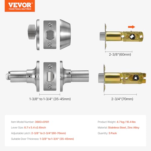 VEVOR Entry Door Locksets with Deadbolt, 5 Pack Satin Nickel Entry Lever and Single Cylinder Deadbolt, Keyed Alike Combo Pack, Fit for 1-3/8" to 1-3/4" Door Thickness, for Entrance and Front by VEVOR - Image 7
