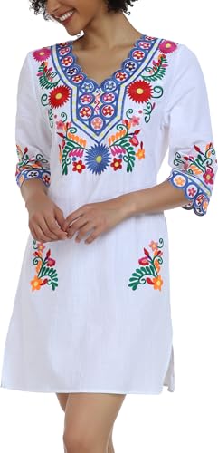 Image of YZXDORWJ Women Embroidered Mexican V Neck Floral Dress Long Sleeve Floral Traditional Bohemian Dress