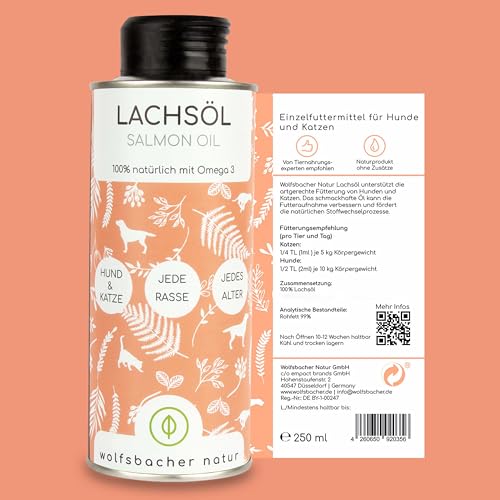 Lachsöl für Hunde und Katzen mit Omega 3 & 6 I 250ml norwegisches, natürliches Lachs-Öl aus Atlantik-Meer-Lachs I Hochdosiertes Ergänzungsmittel