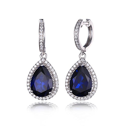 JewelryPalace Luxury Pear Cut 12.4ct Created Blue Sapphire Halo Dangle Earrings for Women, 14k Gold Plated 925 Sterling Silver Earrings, Gemstone Earrings Jewelry Sets
