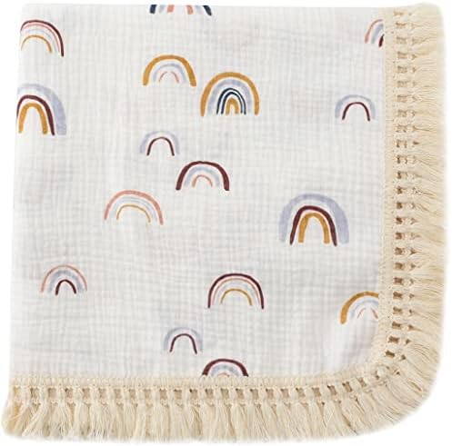 CHUNGEL Cotton Baby Muslin Tassles 40"x 47", Baby Receiving Blanket with Fringe, Boho Muslin Swaddle Blanket with Fringe - Rainbow