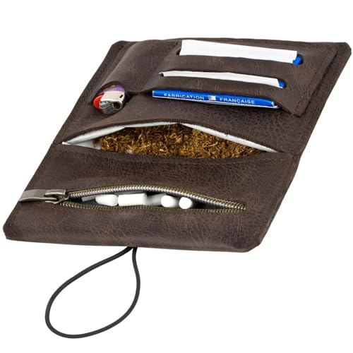 SIMARU Pitillera Tabaquera Bolsa para Tabaco de Liar de Piel-Cuero Curtido Vegetal tabaco de Liar 30g,Filtros duradera y robusta