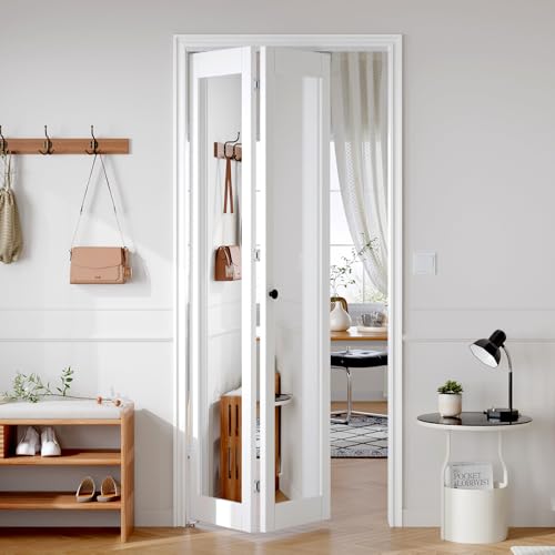 FREDBECK Bifold Doors for 36x80 Opening (Double 18x80),Interior Folding Barn Doors with Mirror and Concealed Hardware Kit Included,PVC Surface, White,for Closet