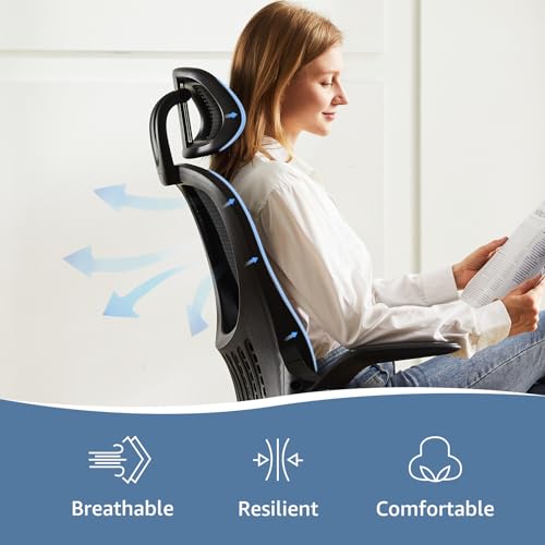 Image of DUMOS Ergonomic Office Chair - High Back Mesh Computer Chair with Lumbar Support, Headrest, Flip-up Arms, and Swivel Wheels - Comfortable Gaming & Desk Chair for Home Bedroom Office,Black