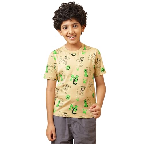 Image of Kidsville Official Minecraft Steve, Alex & Creeper Half Sleeves Round Neck Graphic Printed Regular Fit Pure Breathable Cotton Fabric Tshirt for Boys
