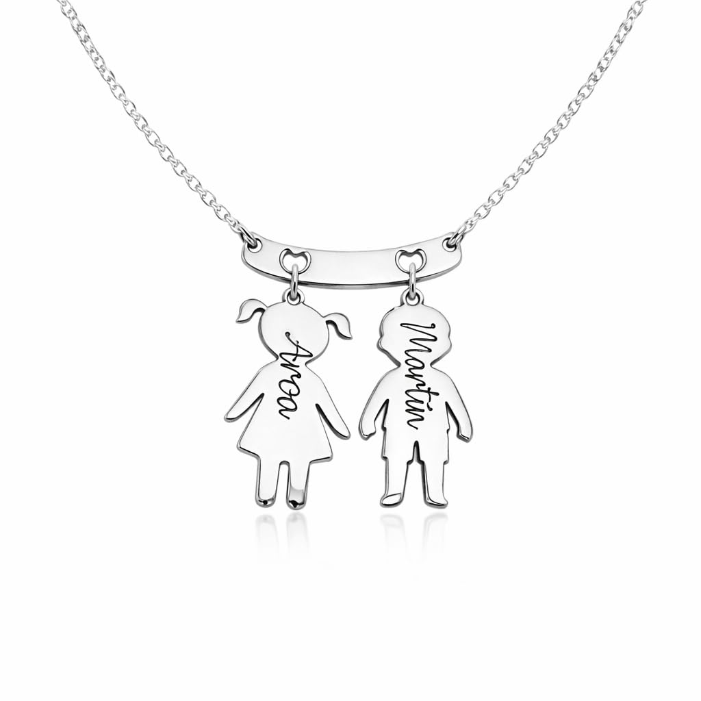 Collar Personalizado Plata de Ley 925 con Nombres – Colgante Niños Grabados – Joya Mamá Madre – Regalo Día de la Madre