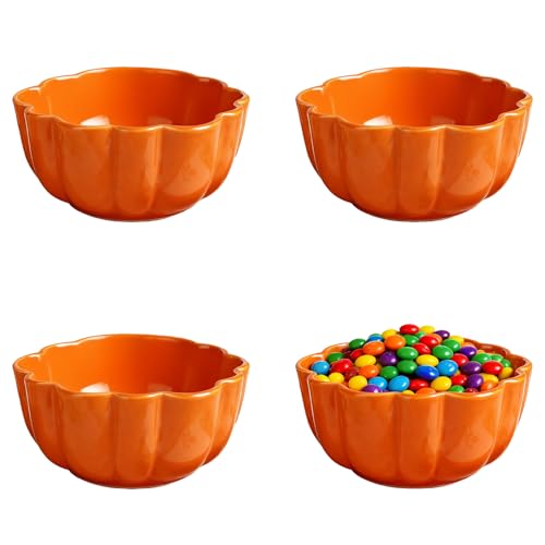 binsakao Candy Bowls Set of 4 - Small Pumpkin Dish - Ceramic Serving Bowl - Kitchen Baking Bowls Oven Safe (Orange 400 ml)