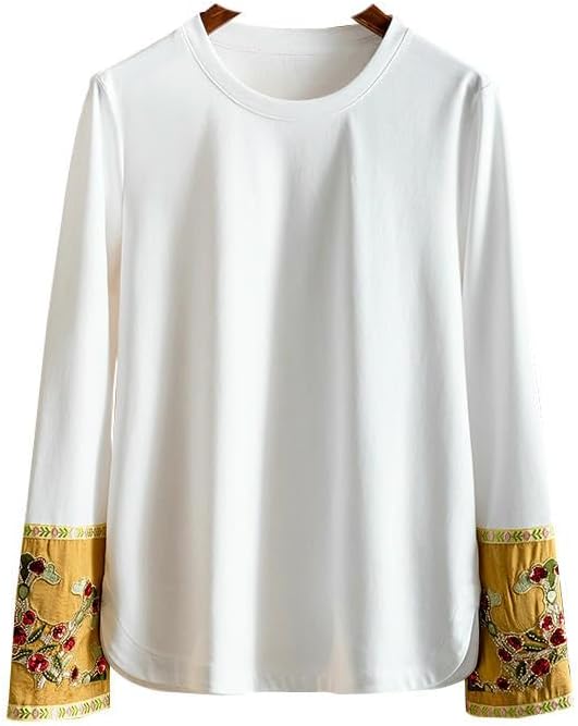 Women's White National Style Embroidered Spring Simple Versatile Patchwork Round Neck Top