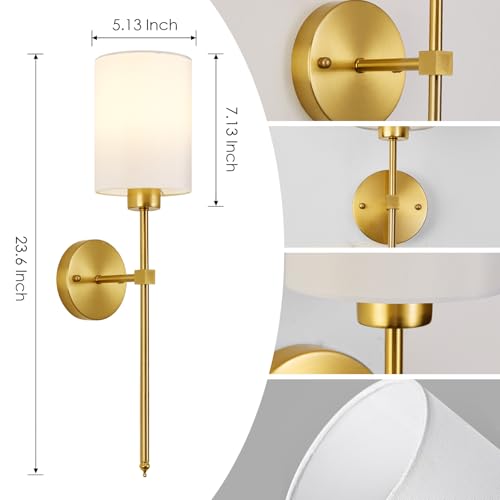 Image of Battery Operated Wall Sconces Set of Two,Wireless Rechargeable Wall Light With Remote Control, Dimmable, 1800K /3000K /4000K /6000K /RGB, Timer, for Living Room, Bedroom, Fireplace, TV, 23.6 Inch, Gold