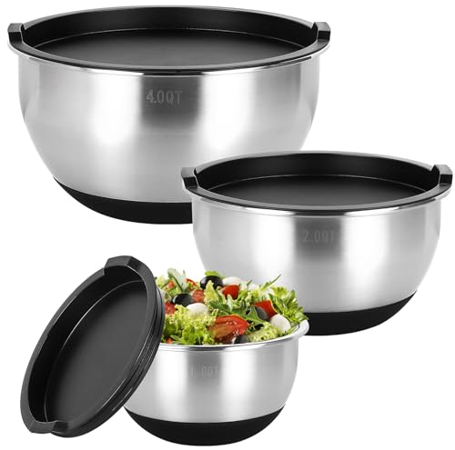Bastwe Rührschüssel 3er Set, Edelstahl Schüssel Salatschüssel Set mit luftdichten Deckel, Stapelbar und Rutschfesten Böden, Größe 4, 2, 1 QT, ideal zum Mischen und Servieren