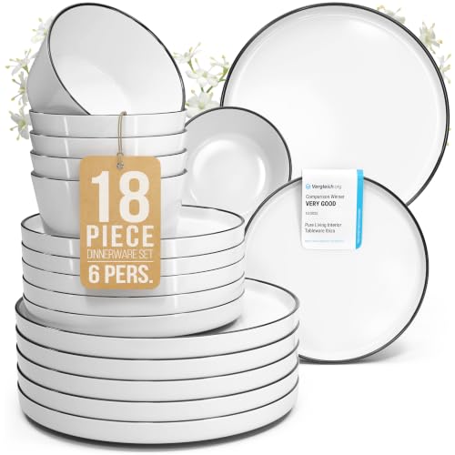 Image of 18 Piece Porcelain Dinnerware Set for 6, Handmade Plates and Bowls Set | Scandinavian Ceramic Dinner Set, Dishwasher & Microwave Safe Dish Set, Chip & Scratch Resistant Dishware Set, Scandi White