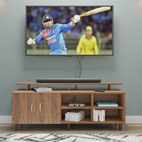 Image of VIKI Modern TV Unit for Living Room | Engineered Wood TV Cabinet with 2 Door Storage, 2 Open Shelves & Extension, Entertainment Unit, 140W x 48H x 40D cm | DIY | 1 Year Warranty (Walnut)