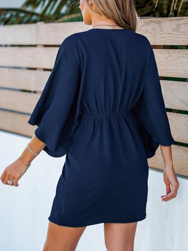 Image of CUPSHE Womens Vacation Mini Summer Dress V Neck Kimono Sleeve Belted Flowy Loose Resort Wear Casual Beach Cover Up Dress