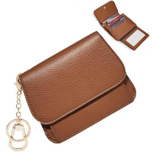 Image of Women Small Wallet RFID Blocking Slim Wallet with Coin Pocket Tri-Fold Credit Card Holder with ID Window and Keychain (Dark Brown)