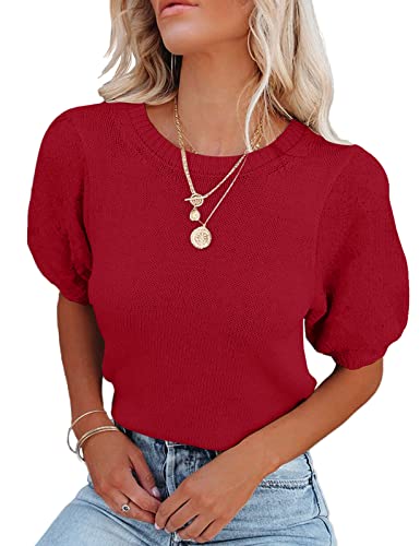 Image of Womens Short Sleeve Sweaters Crewneck Knit Pullover Tops 2025 Summer Casual Lightweight Crochet Blouse Shirt