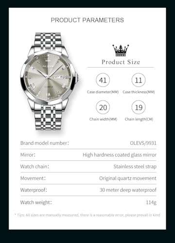Image of OLEVS Watch for Men Diamond Business Dress Analog Quartz Stainless Steel Waterproof Luminous Date Two Tone Luxury Casual Wrist Watch Blue